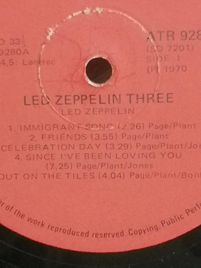 Led Zepplin Three, vinyl in very good condition.