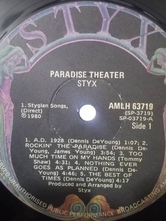 Styx, Paradise Theater, Special Laser etched vinyl, vinyl excellent.