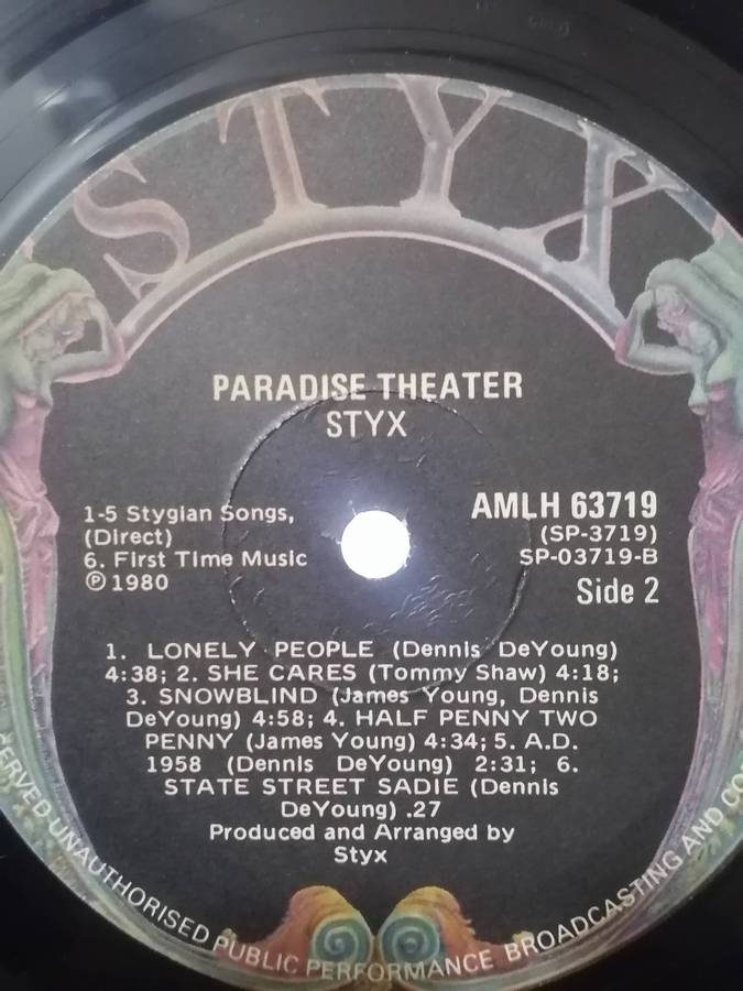 Styx, Paradise Theater, Special Laser etched vinyl, vinyl excellent.