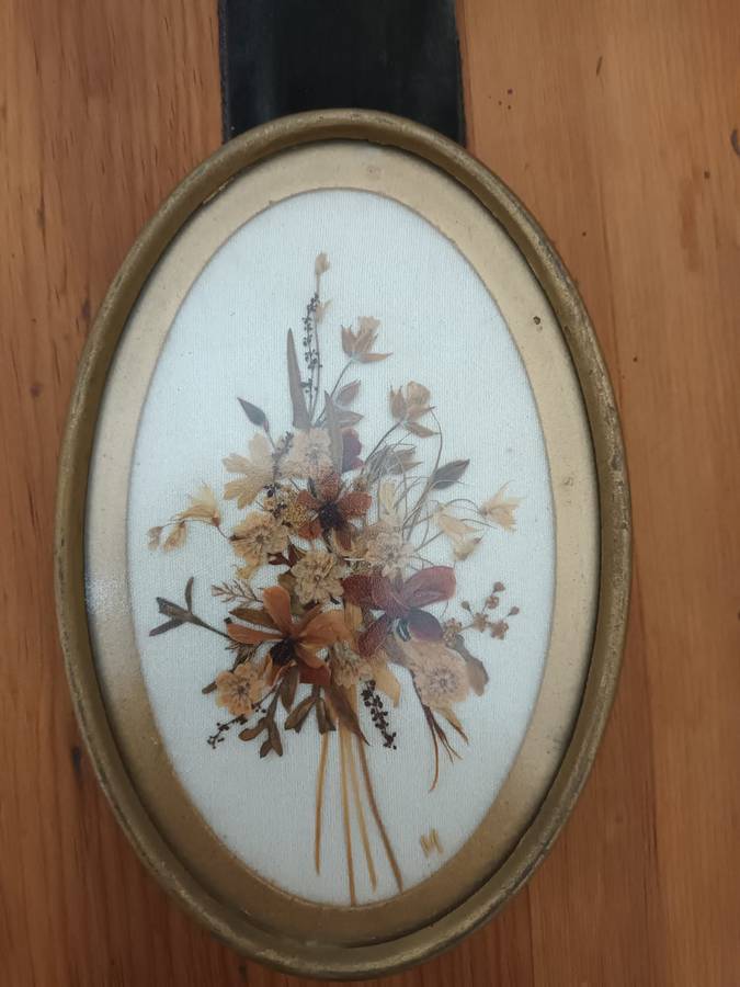 Vintage triptych wall hanging of small oval dried flower pictures