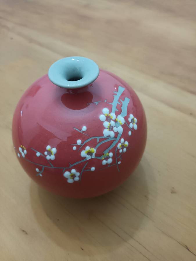 Korean Hand-Painted Celadon Cherry Blossom Art Pottery Vase