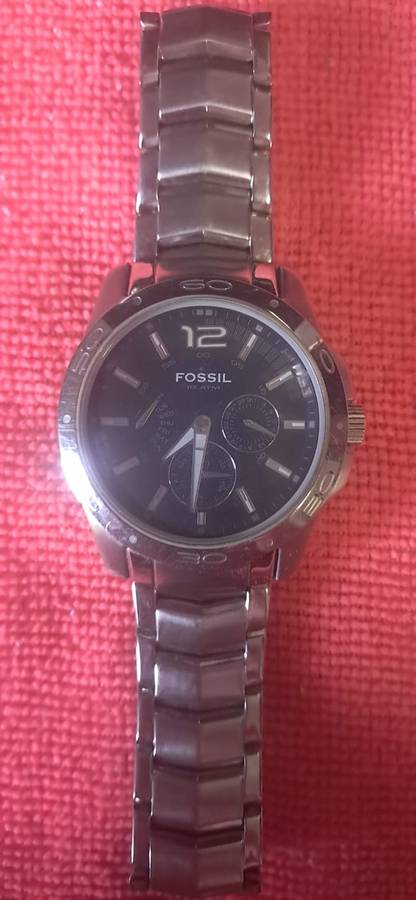 Men's Fossil Watch BQ 9328 Stainless Steel Day Date Black Face