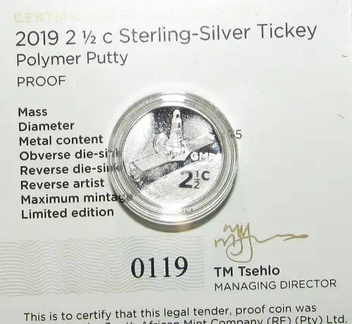 2019 SA Mint Silver Flypress Tickey - Polymer Putty ( Sealed) with Pouch and Cert of Authenticity