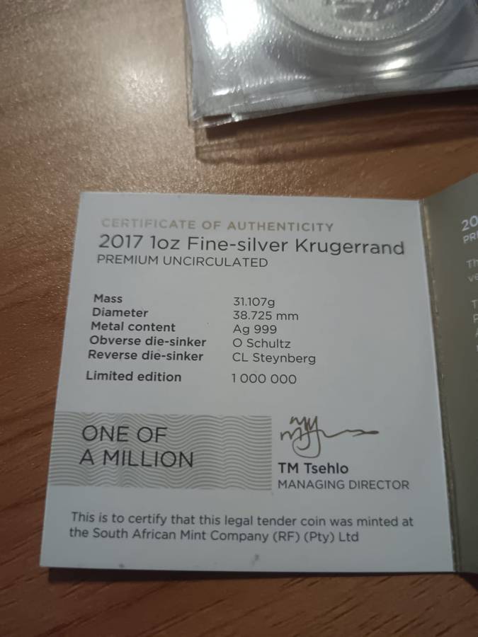 2017 Fine Silver 1oz Krugerrand (50th year anniversary) In Capsule (UNC) With Pouch and Certificate