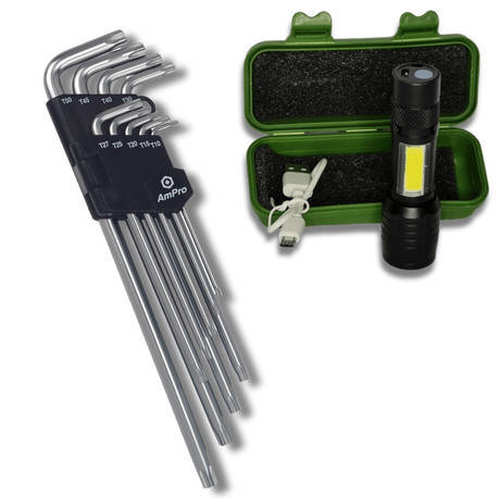 Ampro 9 Piece Long Star Key Wrench Set (T10-T50) And Torch