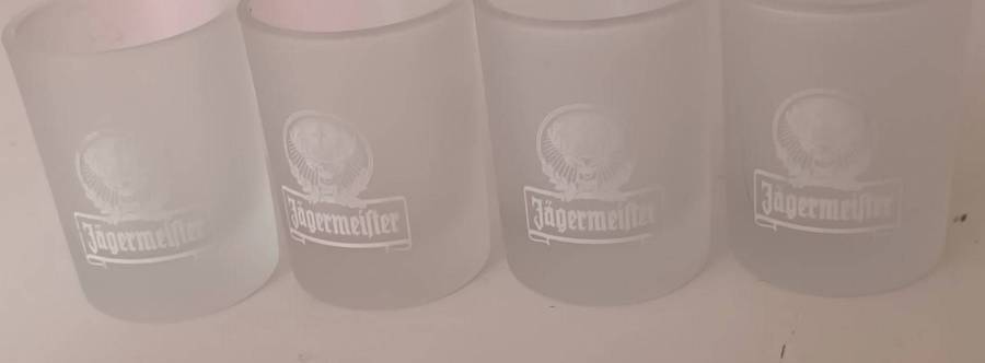 4x Jagermeister Shot Glasses. Frosted glass.