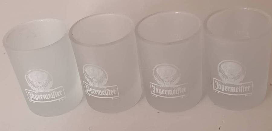 4x Jagermeister Shot Glasses. Frosted glass.