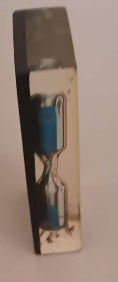 Vintage Lucite Acrylic Blue Sand 3-minute Hourglass Timer.