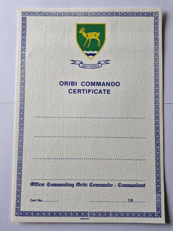 Oribi Commando blank Certificate.