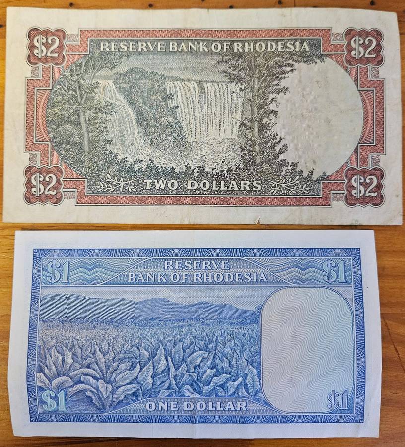 RHODESIA BANKNOTES - $2 (1979 BIRD WATERMARK) + $1 (1974 RHODES WATERMARK)