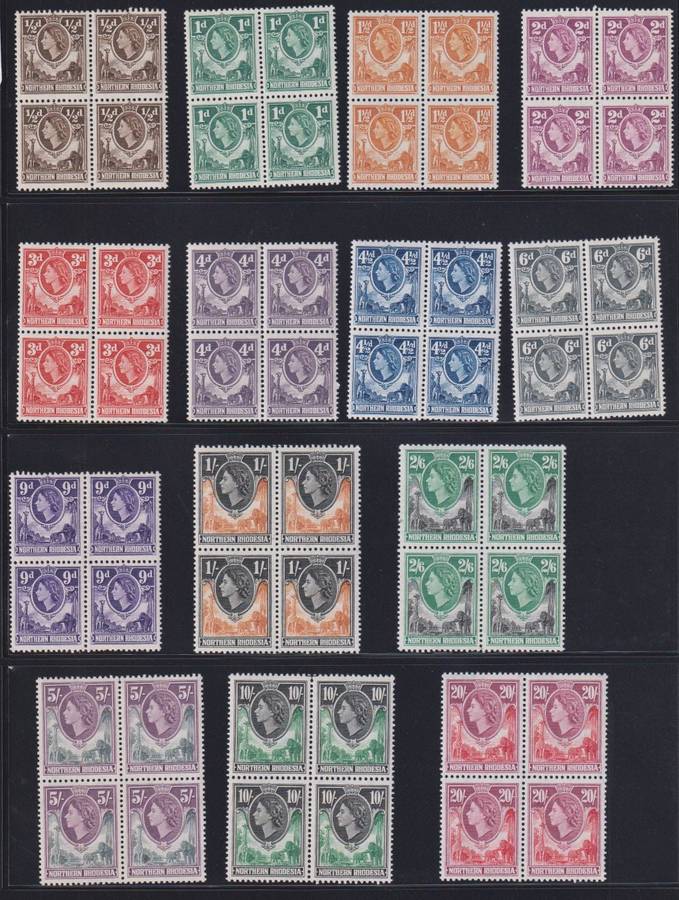 NORTHERN RHODESIA 1953 QE11 SET IN UNMOUNTED MINT BLOCKS  CV R9500+