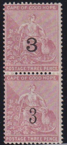 CAPE OF GOOD HOPE 1880 3d PAIR SHOWING BOTH TYPES WITH CERT - RARE!