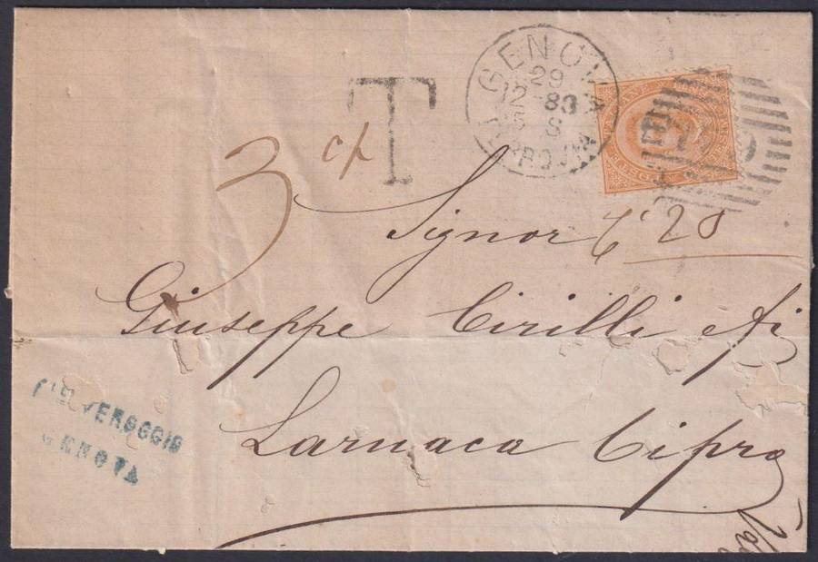 GENOA, ITALY  1883 TAXED COVER TO LARNACA CYPRUS