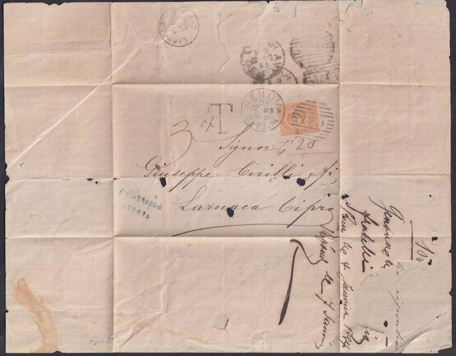 GENOA, ITALY  1883 TAXED COVER TO LARNACA CYPRUS