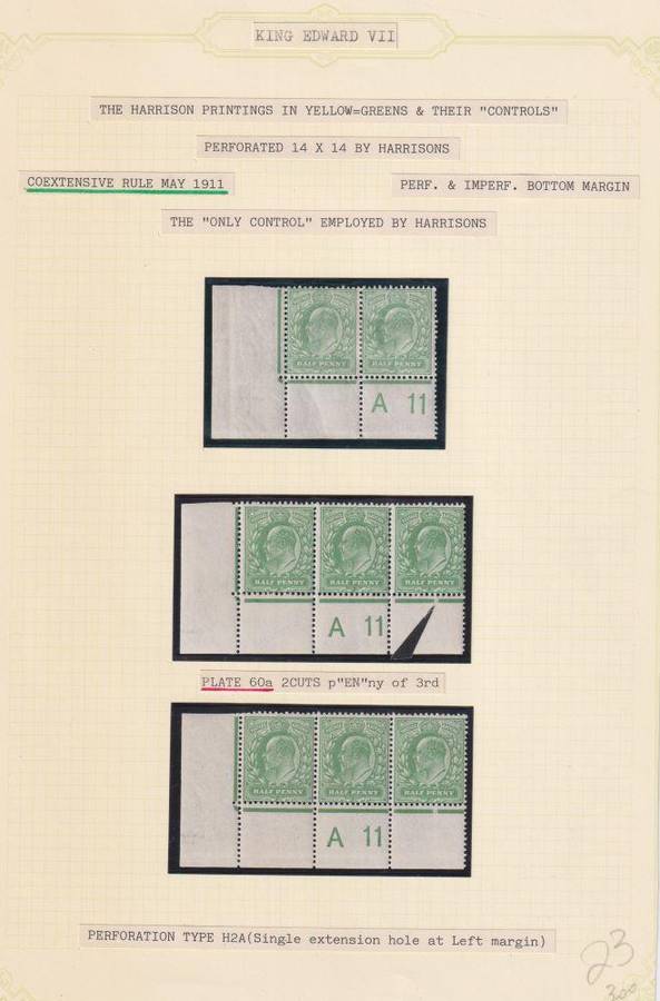 GREAT BRITAIN 1911 KEV11 1/2d PLATE NUMBER STRIPS WRITTEN UP-SUPERB!