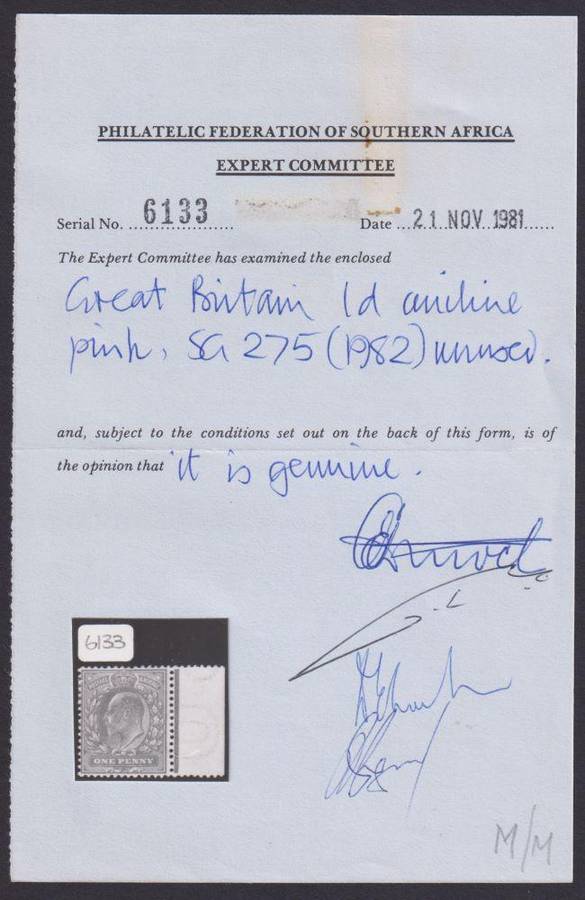 GREAT BRITAIN 1911 KEV11 RARE 1d ANILINE-PINK 1d MINT WITH CERT SG 275 CV £750