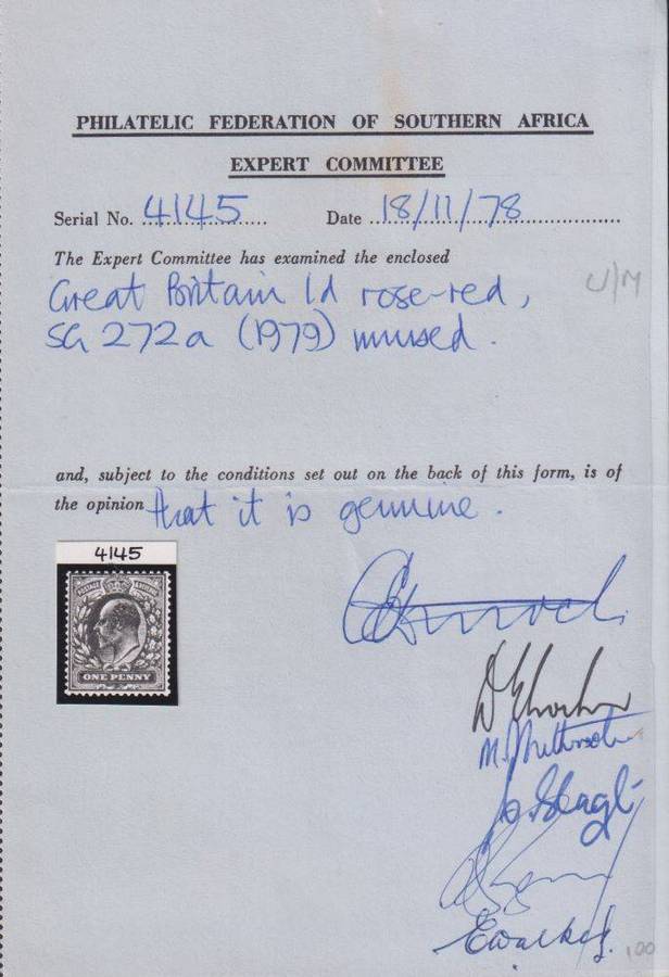 GB 1911 KEV11 1d RED-ROSE SUPERB UNMOUNTED MINT SG 272a WITH CERTIFICATE