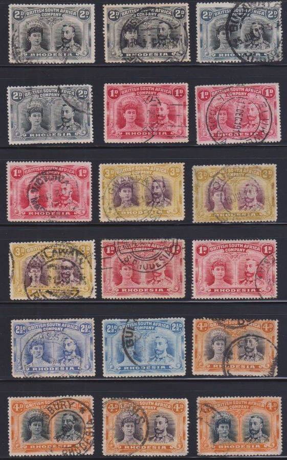 RHODESIA 1910 DOUBLE HEADS-LOVELY USED LOT- SOME INTERESTING CANCELLATIONS