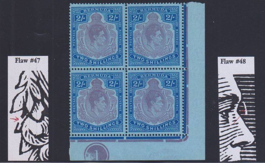 BERMUDA 1950 2/- PLATE BLOCK WITH HEADPLATE FLAWS SUPERB UM SG 116f