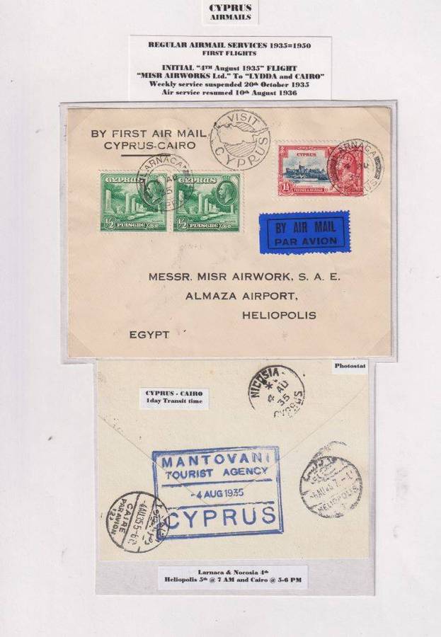 CYPRUS - 1935 1st FLIGHT - LARNACA - CAIRO,EGYPT - SUPERB