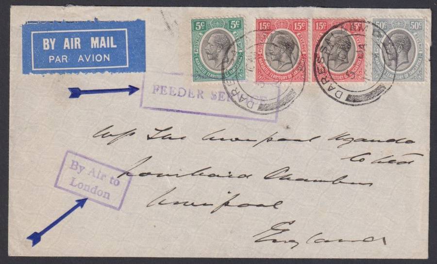 TANGANYIKA KGV "FEEDER SERVICE" AIRMAIL COVER TO ENGLAND