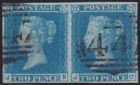 GREAT BRITAIN 2d BLUE PAIR PLATE 3 FINE USED