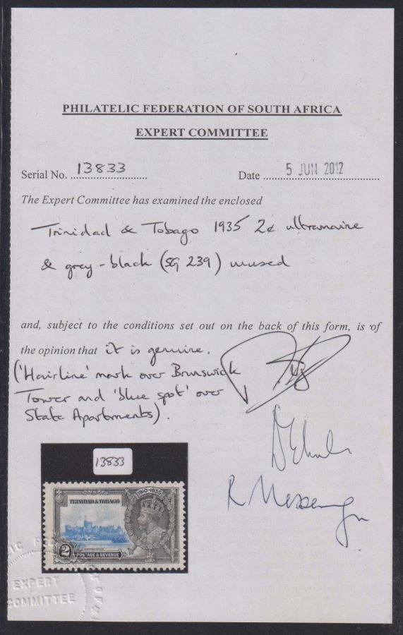 TRINIDAD & TOBAGO 1935 SILVER JUBILEE 2d VARIETY WITH CERT