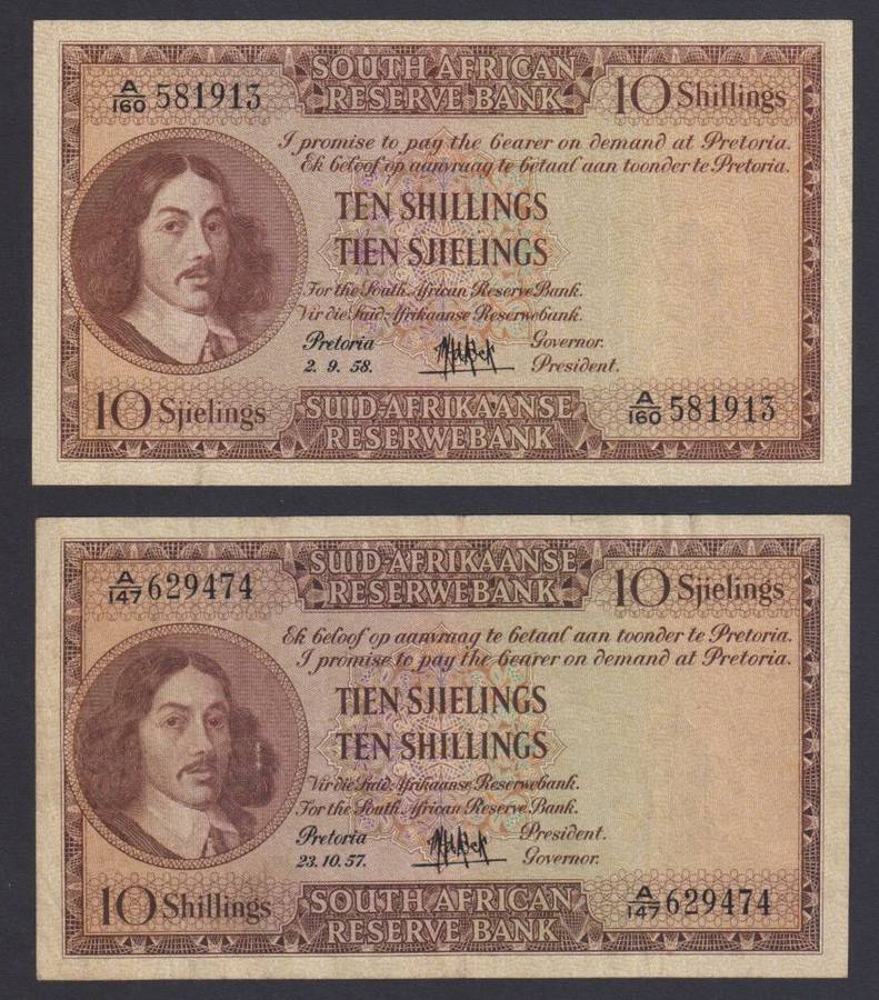 SA  TEN SHILLINGS - TWO NOTES 1957 & 1958