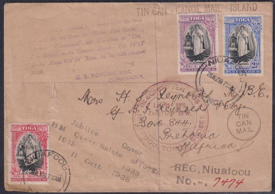 TONGA 1939 TIN CAN MAIL COVER  - A BEAUTY!