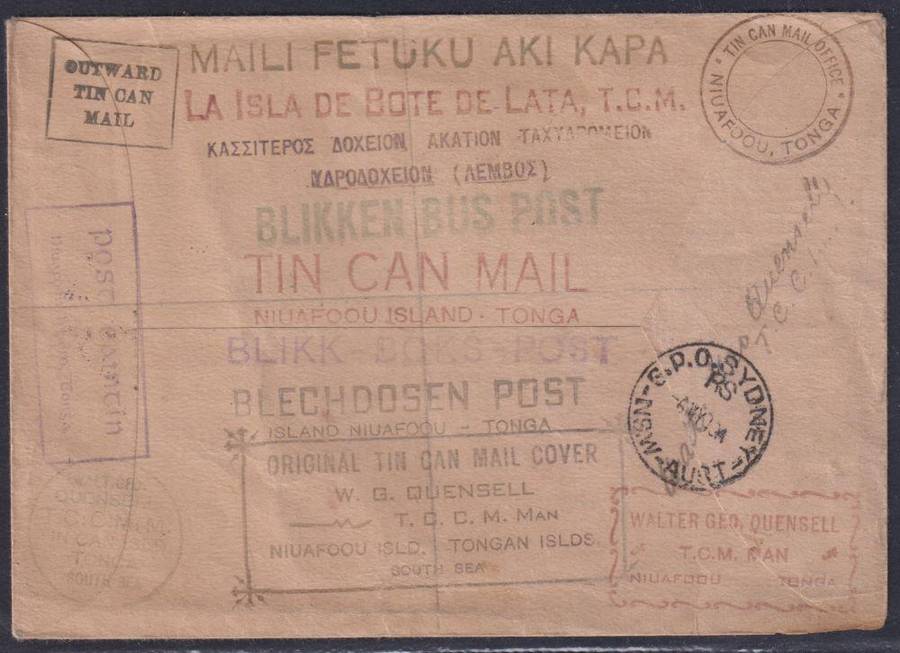 TONGA 1939 TIN CAN MAIL COVER  - A BEAUTY!