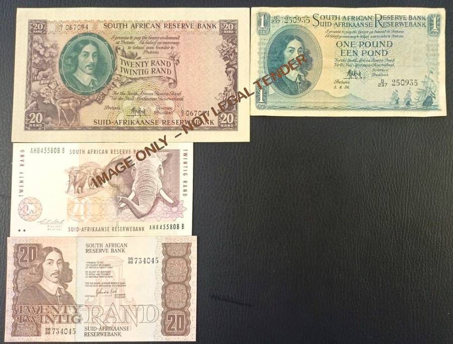 SOUTH AFRICAN TWENTY RAND  COLLECTION & ONE POUND MH DE KOCK BANKNOTE
