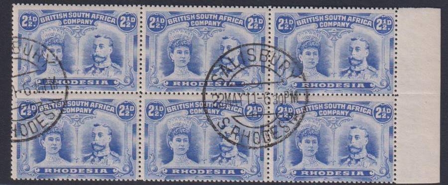 RHODESIA-BSAC 1911 2 1/2d DOUBLE HEAD SUPERB CANCELLED BLOCK OF 6 - SG 133 CV £150