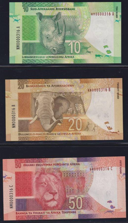 RSA "GILL MARCUS" SET OF UNC NOTES LOW SAME SERIAL NUMBER WITH "NM (Nelson Mandela) SERIAL #'S