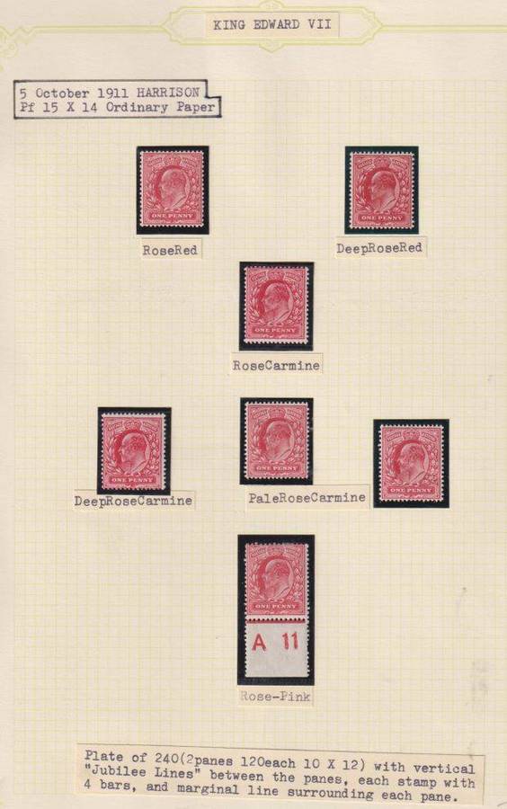 GREAT BRITAIN 1911 KEV11 1d SUPERB LOT ON PAGE - SCARCE SHADES