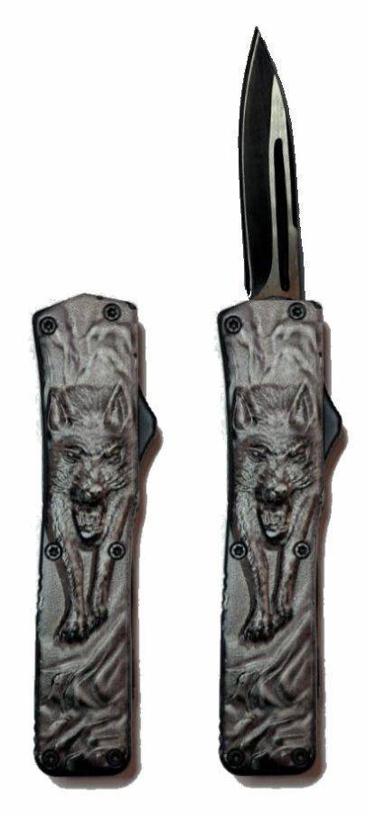 Automatic OTF Mini Knife with Wolf Motif