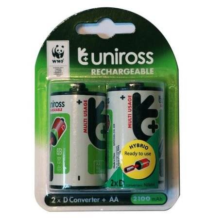 2 Pack Uniross Convert AA to D Rechargeable Batteries