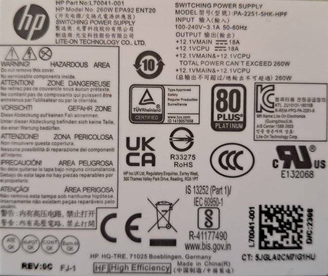 New HP Power Supply Unit 260w, 80 Plus Platinum 12V