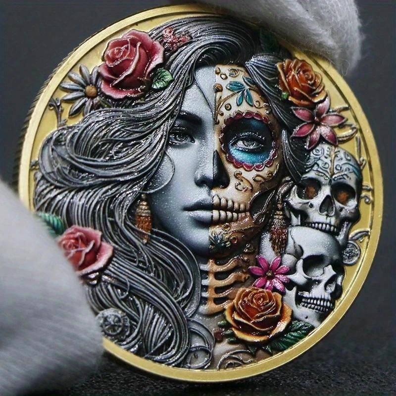 Gold Skull & Rose Coin  Striking Collectible Art