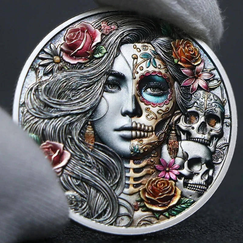 Silver Skull & Rose Coin  Striking Collectible Art