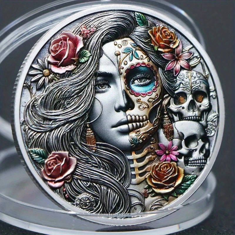 Silver Skull & Rose Coin  Striking Collectible Art