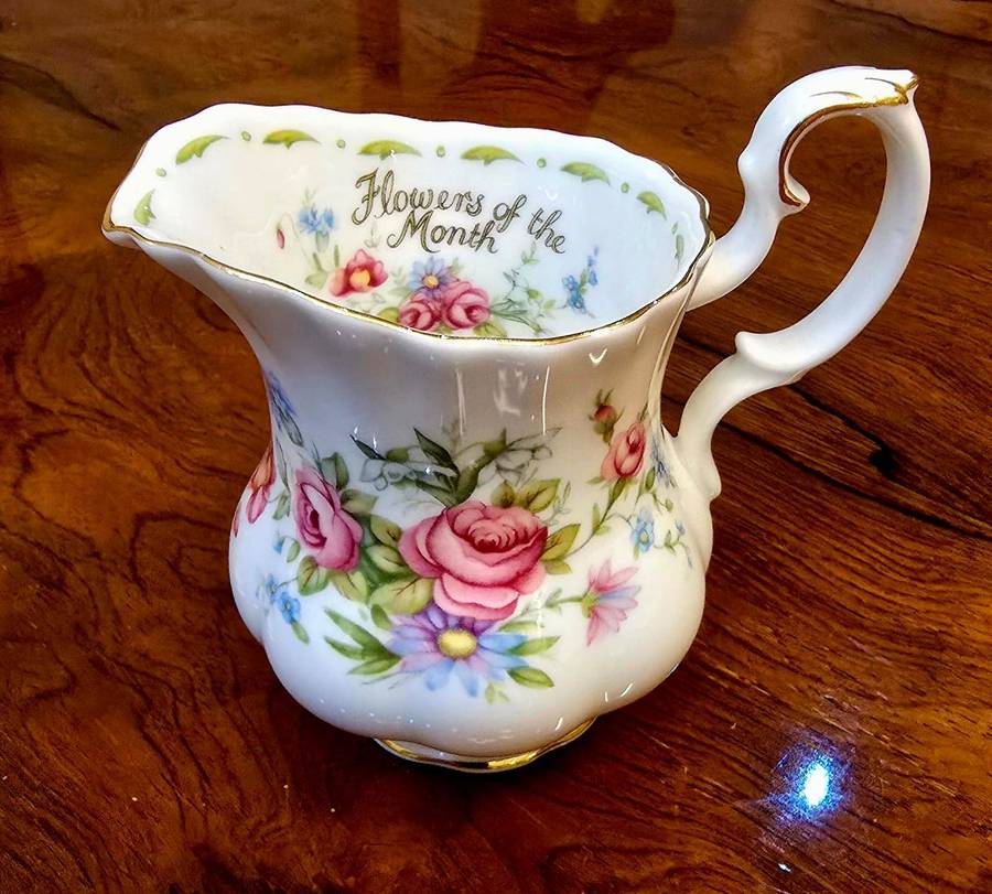 Royal Albert Flowers of the Month small creamer, sugar bowl and tray.