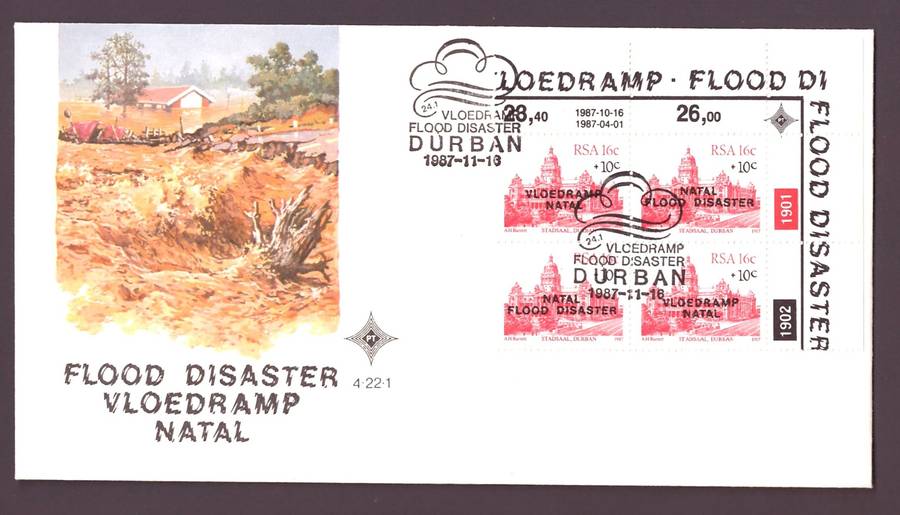 RSA 1987 FDC 4.22.1 NATAL FLOOD RELIEF FUND WITH CONTROL BLOCK OF STAMPS - SCARCE!