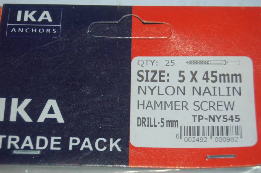 IKA NAIL IN HAMMER SCREW NYLON WALL FASTENERS 5MM X 45MM