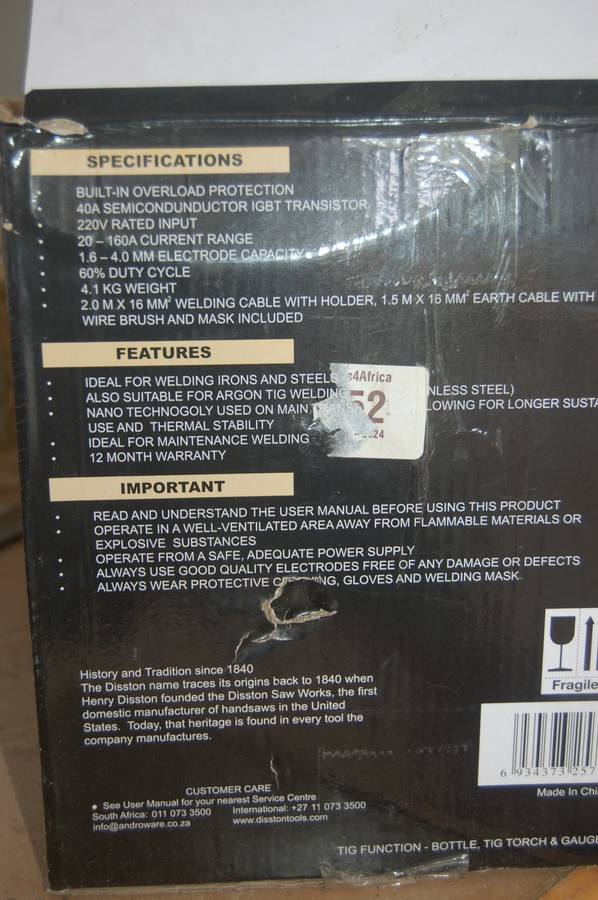 DISSTON 160AMP MMA/TIG DC INVERTER WELDER NEW WITH ACCESSORIES