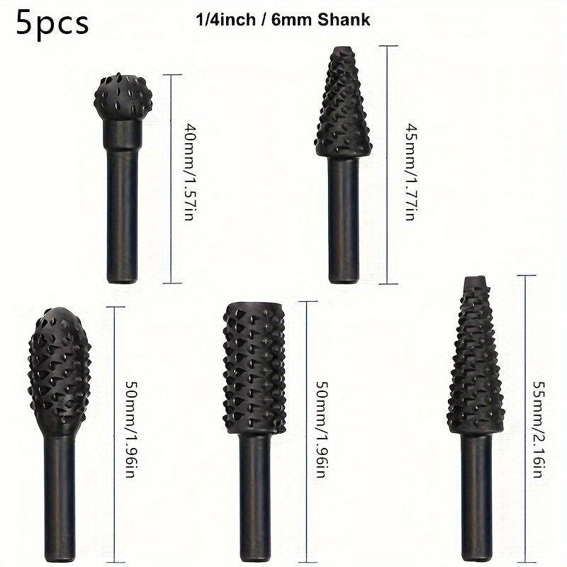 5-Piece Wood Carving Rasp Drill Bit Set - 1/4 Inch 6mm Rotary Rasp Drill Bits For Diy Woodworking, R