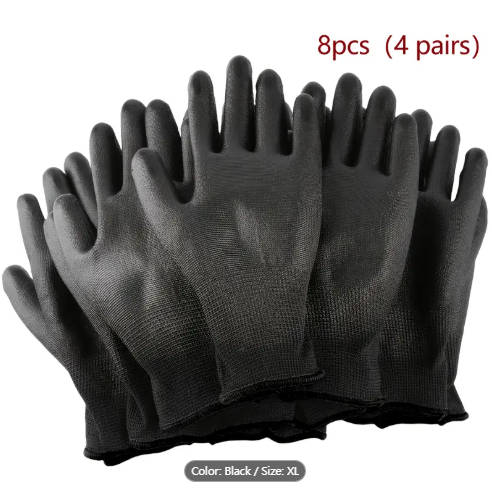 8pcs Durable Black Work Gloves Size XL Non-Slip Tear-Resistant PU Coated Palm for Gardening Construc