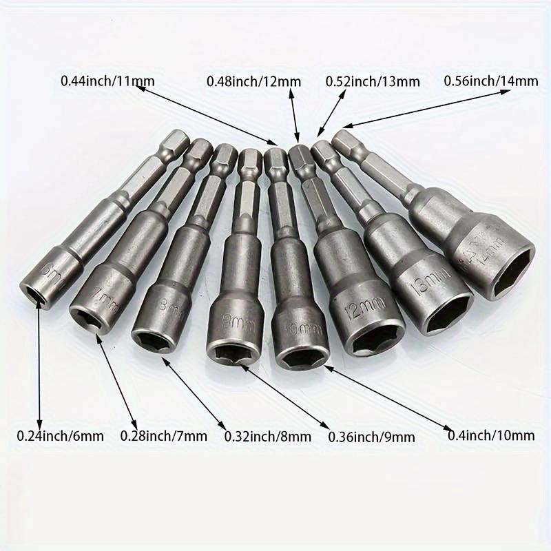 9-Piece Set Of 5mm To 13mm Hex Socket Driver Bits For Drills - Carbon Steel Construction