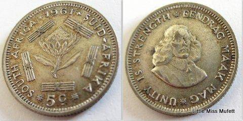 South African , 500 silver 5 cents 1961 to 1964
