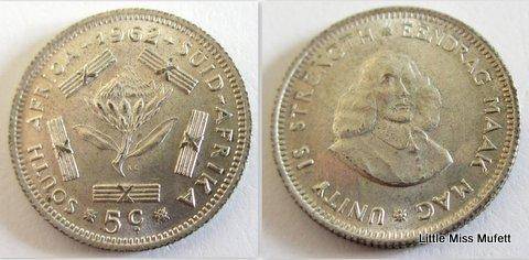 South African , 500 silver 5 cents 1961 to 1964