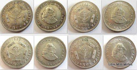 South African , 500 silver 5 cents 1961 to 1964